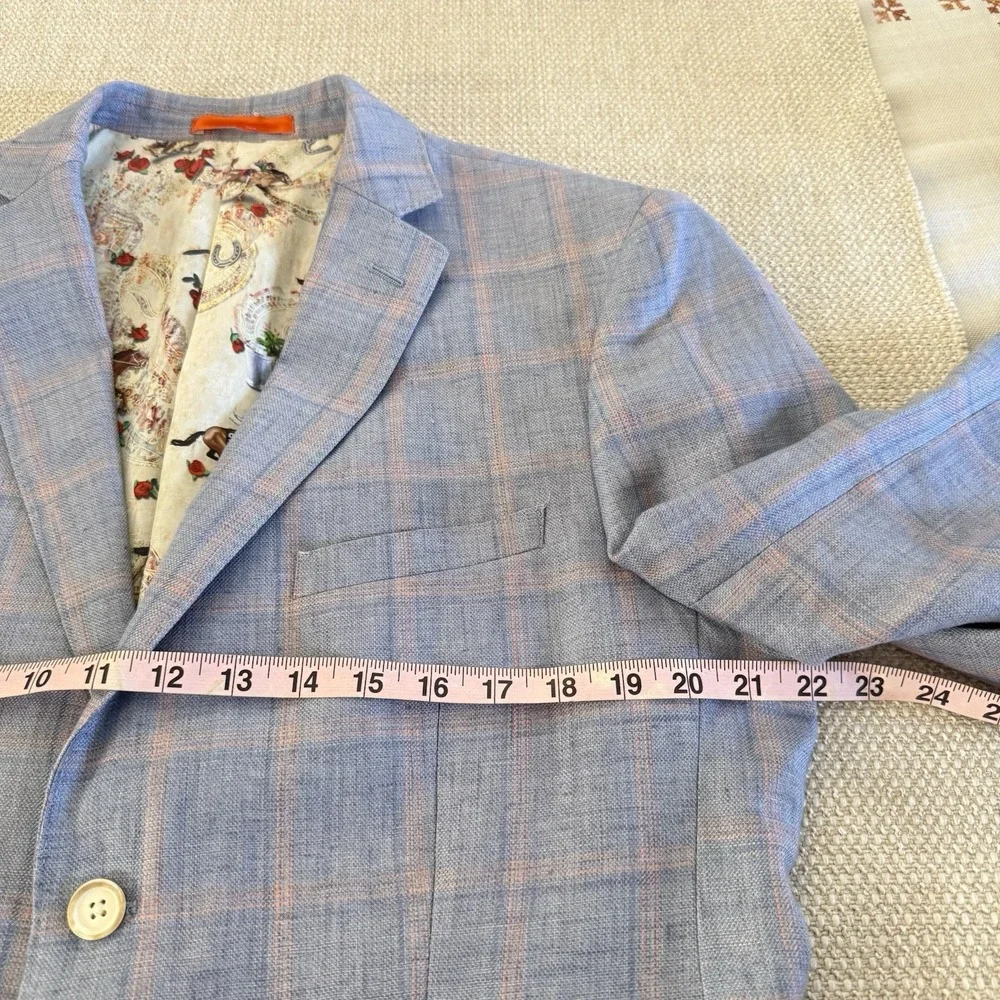 Tallia Mens 40S Blue Pink Windowpane Plaid 100% Linen Sport Coat Blazer Jacket